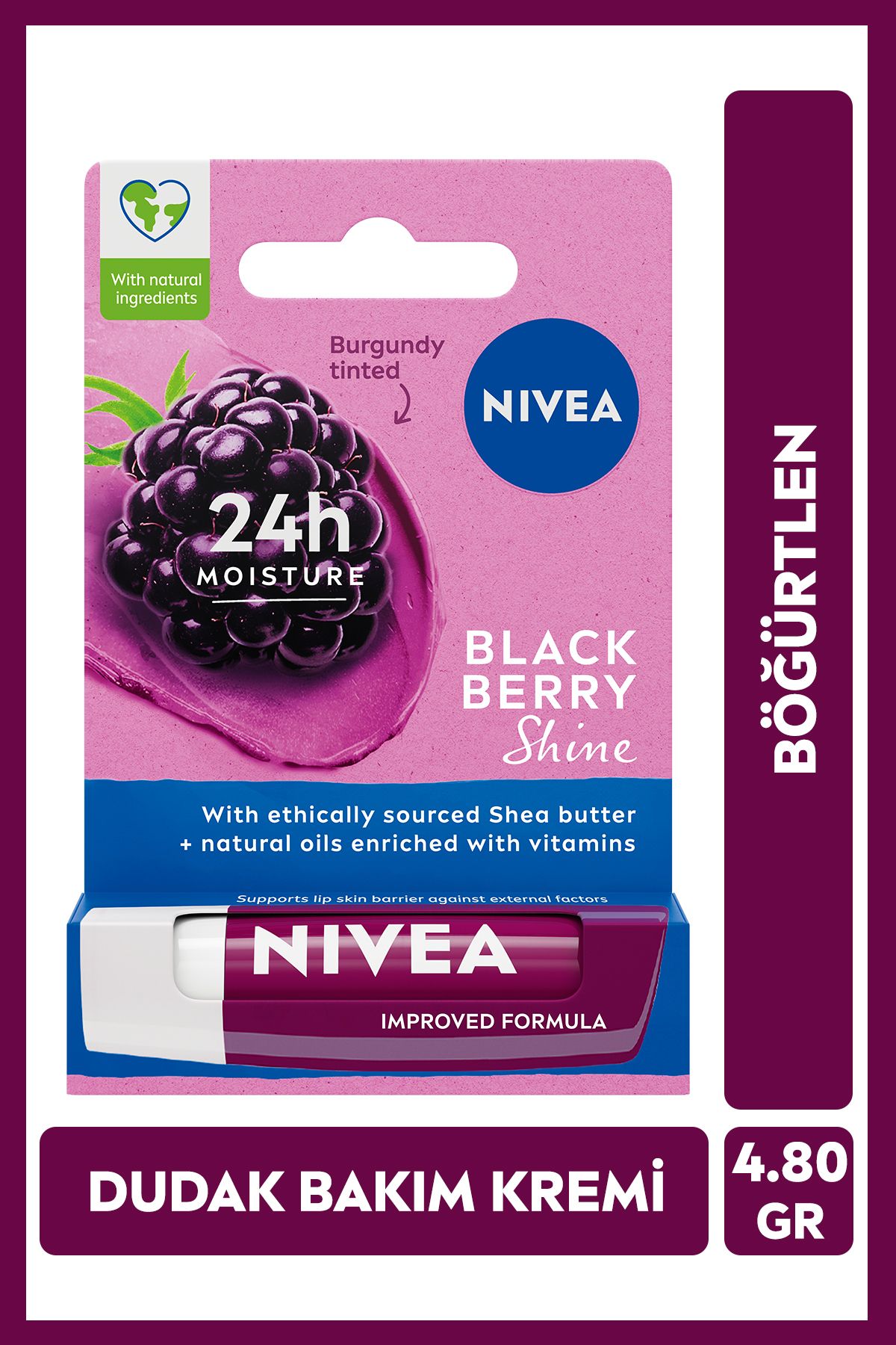 NIVEA Böğürtlen Dudak Bakım Kremi ve Parlatıcısı 4.8gr, Nemlendirici, Hafif Bordo Işıltı